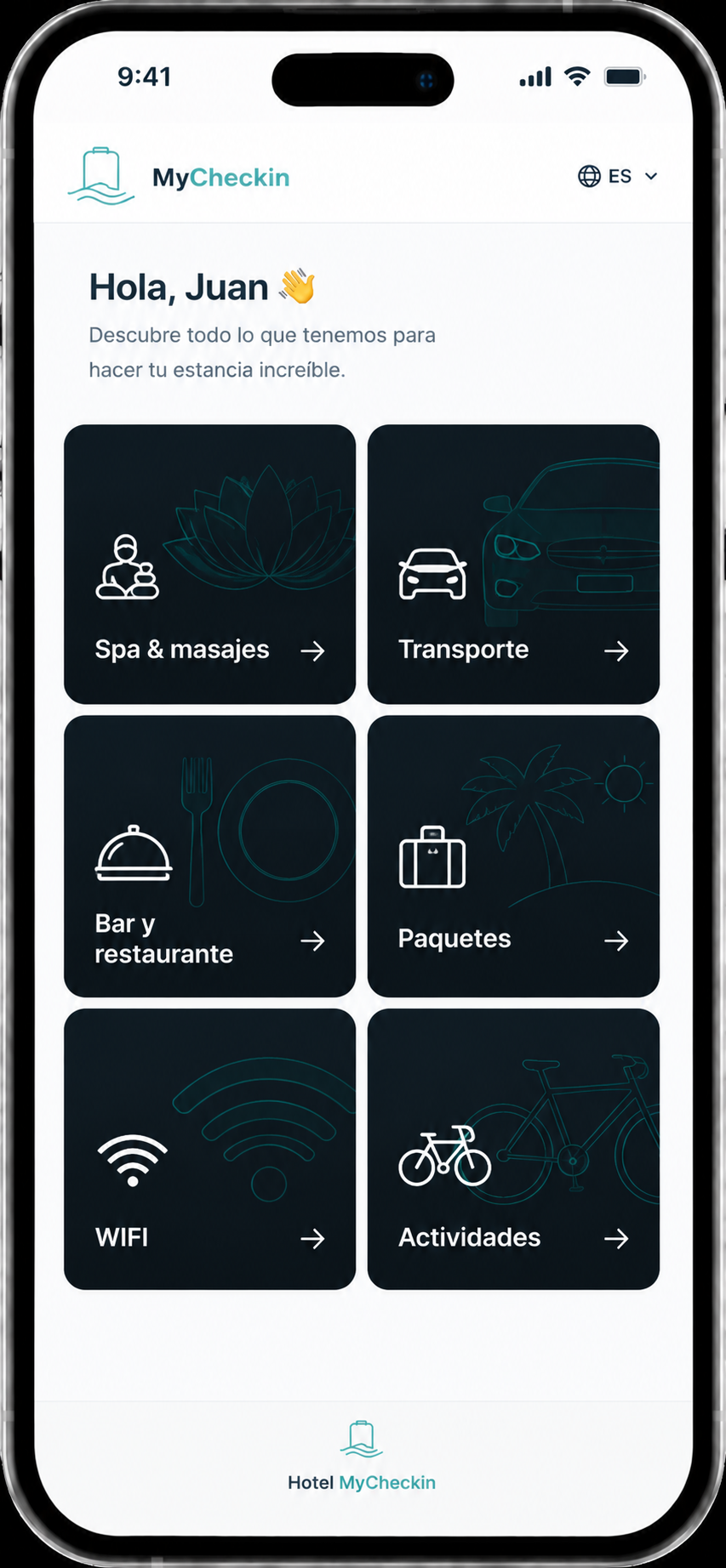 Menú de opciones del Guest Hub: spa, transporte, bar, paquetes