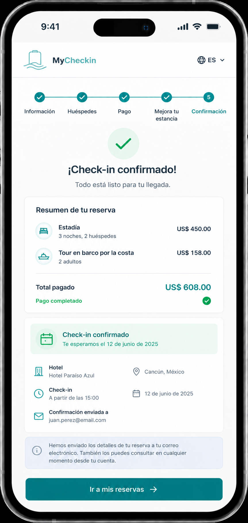 Pantalla de check-in confirmado en Web Check-in