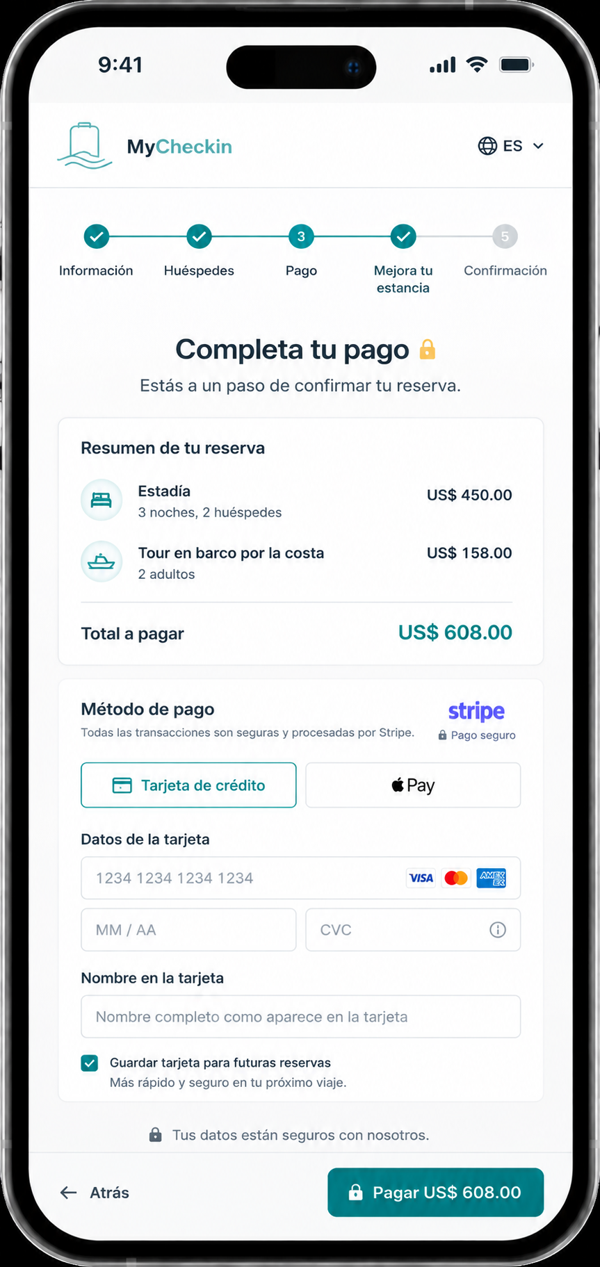 Pantalla de pago seguro en Web Check-in